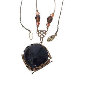 Antique 1930's Czech Glass Cabochon Pendant Necklace in Brass Setting